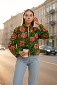 เสื้อแจ็คเก็ตกำมะหยี่พิมพ์ลายดอกไม้ คอจีน แขนยาว ทรงหลวม สไตล์ลำลองสำหรับฤดูใบไม้ผลิ ลายสีเขียวชมพู ดีไซน์ผ้าทอ - Product Image 3