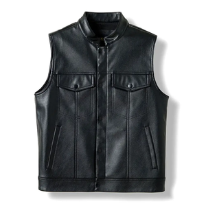 Men's <b>Black</b> PU Leather <b>Vest</b> Stand Collar Moto Biker Style Button Front Solid Color Regular Length Outerwear Autumn Wear - Product Image 1