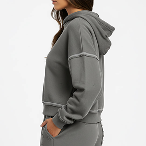 Custom Printed Front Acid Wash Streetwear Vintage Drop Shoulder <b>Crop</b> Top <b>Zip</b> <b>Up</b> Hoodie Women's Winter Contrast Stitch Breathable - Product Image 2