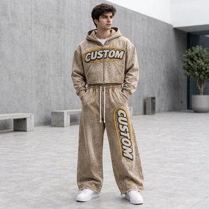 Conjunto Deportivo Premium Personalizado para Hombre con Pedrería y Chenilla, Sudadera con Cremallera Estilo Vintage Lavado Ácido y Pantalones Anchos, Ropa Urbana - Product Image 1