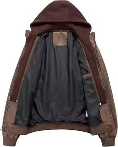 Top Quality Premium Cowhide <b>Brown</b> Men Leather <b>Hoodie</b> Jacket | Winter Warm Fur Lined Jacket with <b>Zip</b> Pockets | Wholesale OEM - Product Image 2