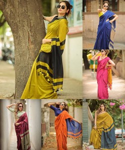 Sari Reversible de Algodón Azul y Naranja, Vestido Tradicional Indio Informal para Mujer, Largo hasta el Suelo, Corte Regular, para Todas las Temporadas - Product Image 4