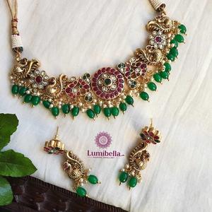 Peacock Choker with Green Big Beads - Product Image 1
