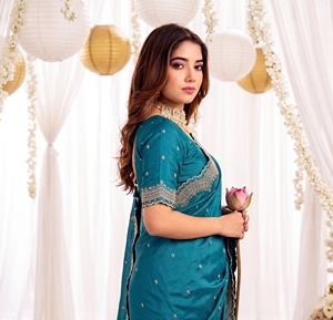 AARA Fashion Sari de Seda Azul Verdoso con Borde Bordado y Blusa para Boda, Elegante, Largo hasta el Suelo, Ropa India y Pakistaní para Mujer - Product Image 2