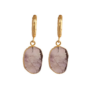 Natural Amethyst Rough Hoop Earrings - Gold Plated <b>Raw</b> <b>Crystal</b> Boho Dangle Handmade Statement Jewelry For Women's - Product Image 1