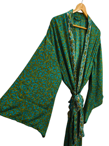Bata de seda hasta el tobillo, multicolor, para dormir, estilo indio vintage, kimono de sari de seda reciclada - Product Image 5