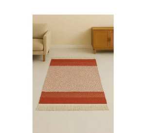 Alfombra de Algodón Tejida a Mano con Borde Rojo Oxidado y Flecos, Alfombra Moderna Minimalista Beige y Rojo Oxidado, Tejido Geométrico Contemporáneo - Product Image 1