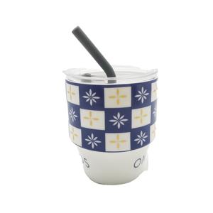 12oz Checkered Floral Pattern <b>Double</b> <b>Wall</b> Vacuum Insulated Stainless Steel Travel <b>Mug</b> with Splash-proof Straw Lid - Product Image 2