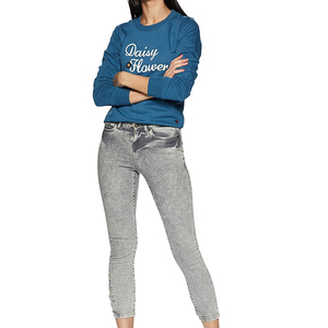 Sudadera Azul de Cuello Redondo para Mujer, Manga Larga, 100% Algodón, Estampado de Flores, Estilo Casual Otoñal - Product Image 1