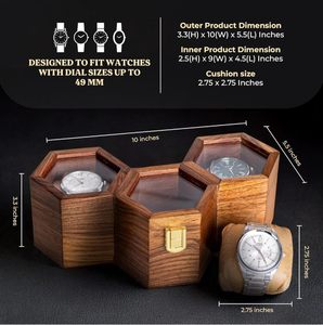 Boîte de rangement et de présentation de montres hexagonale en bois poli avec nœud en ruban doré, emballage cadeau pour montres-bracelets pour hommes - Product Image 6