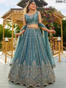 Blue Embroidered <b>Net</b> Lehenga Set Sleeveless Crop <b>Top</b> Dupatta Wedding Banquet Ethnic Wear - Product Image 5