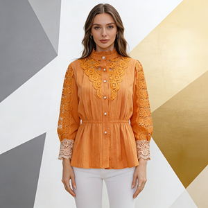 Oferta especial en Temu |   Blusa de encaje naranja a la moda con mangas de encaje, cuello alto, botones al frente y corte holgado para mujer - Product Image 3