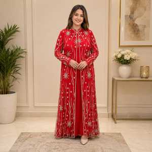 Elegant Embroidered Georgette Long Sleeve Abaya <b>Women</b> | Heavy Sequin Floral Embroidery Open Front Stand <b>Collar</b> Party Wear Maxi - Product Image 5