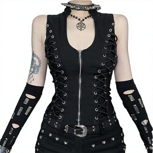 Dark Gothic Lace Short <b>Sweet</b> Style V-neck Front Zipper <b>Personalized</b> Spandex/Polyester Breathable Garment Dyed Tank Tops Women - Product Image 2