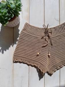 Women's High Waist Knitted Shorts Skirt Solid Color Bohemian Style <b>Drawstring</b> Closure Breathable Cotton Fabric Regular Fit - Product Image 4