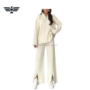 Ensemble deux pièces côtelé pour femme, best-seller 2025, pull à demi-zip et short large au-dessus du genou, tenue décontractée en tricot doux - Product Image 4