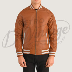Chaqueta Bomber de Cuero Genuino Marrón para Hombre con Mangas Acolchadas en Forma de Panal y Puños Acanalados a Rayas, Corte Ajustado - Product Image 3