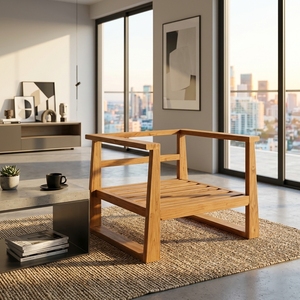 Modern Solid <b>Wood</b> Single <b>Sofa</b> Elegant Open Slatted <b>Frame</b> Wooden Lounge Armchair <b>For</b> Rustic Living Room Setup Art Design Pure Art - Product Image 4