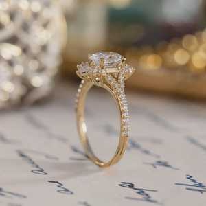 Bague de fiançailles vintage ovale avec halo de diamants : 1,5 carat au total, pavé étoilé, choix de pierre - Product Image 4