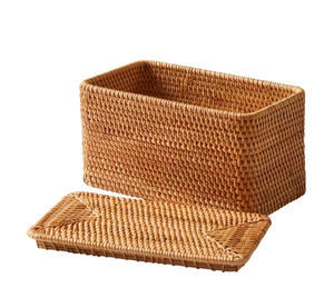 Cesta de Almacenamiento Rectangular de Mimbre Tejida a Mano con Tapa, Caja Organizadora de Mimbre Natural para Encimera de Baño, Dormitorio, Almacenamiento en el Hogar - Product Image 2