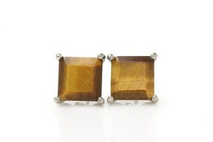 Prix de gros – Boucles d'oreilles clous en argent sterling 925 massif plaqué or 18 carats avec pierre précieuse naturelle œil de tigre taille princesse carrée pour elle - Product Image 2