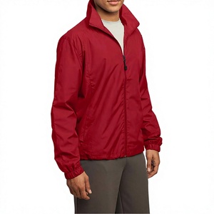 <b>Men's</b> Red Windproof <b>Blouson</b> <b>Jacket</b> Zipper Closure Stand Collar Casual Autumn Wear Polyester Shell Regular Fit New Plain Color - Product Image 1
