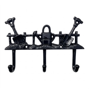 Support mural pour outils de jardin avec 3 crochets, en métal noir, design vintage décoratif, pour usage extérieur, crochets et rails en fonte, prix abordable - Product Image 1