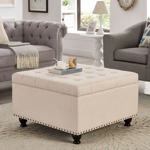 Grande Pouf Contenitore Quadrato Beige con Gambe in Legno, Tavolino da Caffè Trapuntato con Bottoni e Finiture a Chiodo per Soggiorno - Product Image 1