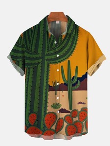 เสื้อเชิ้ตพิมพ์ลายทะเลทรายกระบองเพชรสำหรับผู้ชาย แฟชั่นลำลอง เสื้อชายหาด รีสอร์ท ฤดูร้อน ลายภูมิทัศน์ธรรมชาติ ผ้าโพลีเอสเตอร์ระบายอากาศได้ดี ทอลาย - Product Image 1
