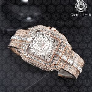 Charm Jewells Montre de luxe pour femme en acier inoxydable, boîtier rectangulaire de 38 mm, lunette sertie de diamants, quartz analogique, fermoir papillon - Product Image 1