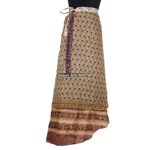 Indian Old Saree Reversible Print Silk Long <b>Wrap</b> Skirt Recycled Silk Saris Style Skirts <b>Sarongs</b> Skirts Wholesale Manufacturer - Product Image 5