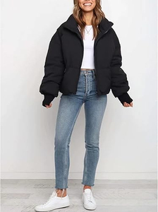 Women's Black Quilted Jacket Full Sleeve Stand Collar Zipper Closure Winter Short Thick Polyester Wadding Solid Color - Product Image 3