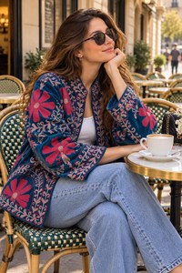 Effortless Bohemian Style Embroidered Suzani <b>Velvet</b> <b>Jacket</b> Boho Floral Open Front Coat Handmade Artisan <b>Women</b> Statement Outwear - Product Image 2