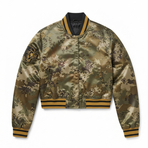 Custom Logo Womens Cropped satin Camouflage Varsity <b>Jacket</b> Black <b>White</b> Contrast Street wear Snap Button Baseball Bomber <b>Jacket</b> - Product Image 6