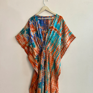 Robe kaftan longue en soie crêpe vintage tie and dye pour femme, tenue de détente - Product Image 1