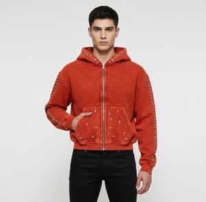 Sudadera con capucha de algodón grueso Glory Custom con acabado desgastado efecto ácido, detalle de pedrería, corte holgado extragrande con cremallera para unisex - Product Image 3