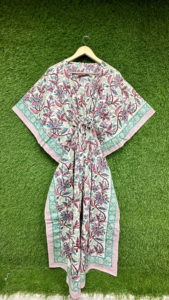 Robe Kaftan en coton pour femmes, imprimé floral, col en V, taille à cordon, manches courtes, coupe ample, tenue de plage, tenue de nuit - Product Image 2