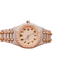 Reloj de Lujo con Moissanita y Oro Amarillo, Corte Redondo, Completamente Adornado con Diamantes, Esfera Naranja, Fecha Clásica y Características de Reloj con Diamantes - Product Image 1