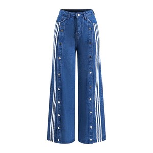 Pantalones Vaqueros Anchos Casuales para Mujer, Cintura Alta, Cierre de Botones, Transpirables, 100% Algodón, Bordados - Product Image 3