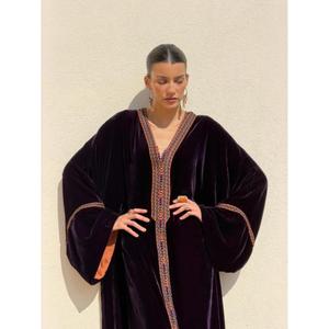 Silk Velvet <b>Kaftan</b> In Purple Tone Terracotta Under <b>Kaftan</b> V-neckline Graphic Traditional Buttons Aakaids With Wide Sleeves - Product Image 5