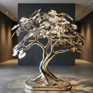 Escultura de Árbol de Acero Inoxidable Plateado de Lujo, Arte Metálico Decorativo Moderno para Vestíbulo de Hotel, Sala de Estar, Oficina, Decoración de Interiores - Product Image 5
