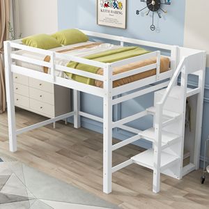 Letto a soppalco bianco a grandezza naturale con armadio integrato e scala (Vecchio SKU SM000527AAK) - Product Image 1