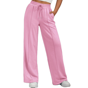 Pantalon de survêtement rose pour femme, coupe large, taille haute, en coton élastique, décontracté, longueur intégrale, avec poches - Product Image 3
