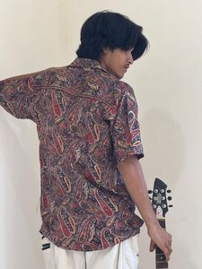 Men's Paisley Print Short Sleeve <b>Button</b> <b>Shirt</b> Unisex Casual Spring Summer Loose Fit V-neck Silk Breathable Knitted - Product Image 4
