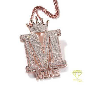 Men's Custom M <b>Initial</b> Pendant <b>Necklace</b>, Iced Out Crown Design, Rose Gold Hip Hop Bling Jewelry, Statement Chain - Product Image 1