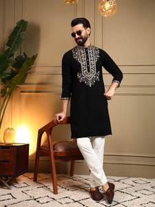 Ensemble Kurta Pyjama en Soie Brodé pour Homme, Tunique Noire avec Broderie Filée, Coupe Slim, Tenue Ethnique pour Mariage et Fêtes, Vente en Gros - Product Image 5