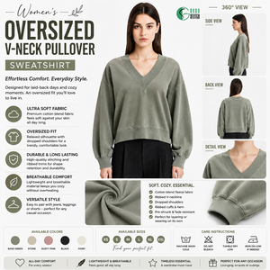 Women Oversized V Neck Pullover Sweatshirt Loose Fit Cotton Blend Casual Streetwear Drop Shoulder Soft <b>Crewneck</b> Top - Product Image 1