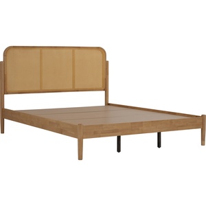 Modern Solid Wood <b>Bed</b> <b>Frame</b> with Synthetic <b>Rattan</b> Cane Headboard Minimalist Boho Chic Double <b>Bed</b> for Master Bedroom Furniture - Product Image 3