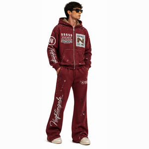 Streetwear Rhinestone Zip <b>Hoodie</b> Sweat Pants Set Acid Wash Man Oversized Oversized Fleece Tracksuit Wide Leg Streetwear Set Men - Product Image 2