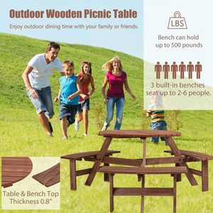 Table de pique-nique circulaire en bois pour 6 personnes avec 3 bancs intégrés pour terrasse extérieure, jardin ou parc, couleur marron - Product Image 4